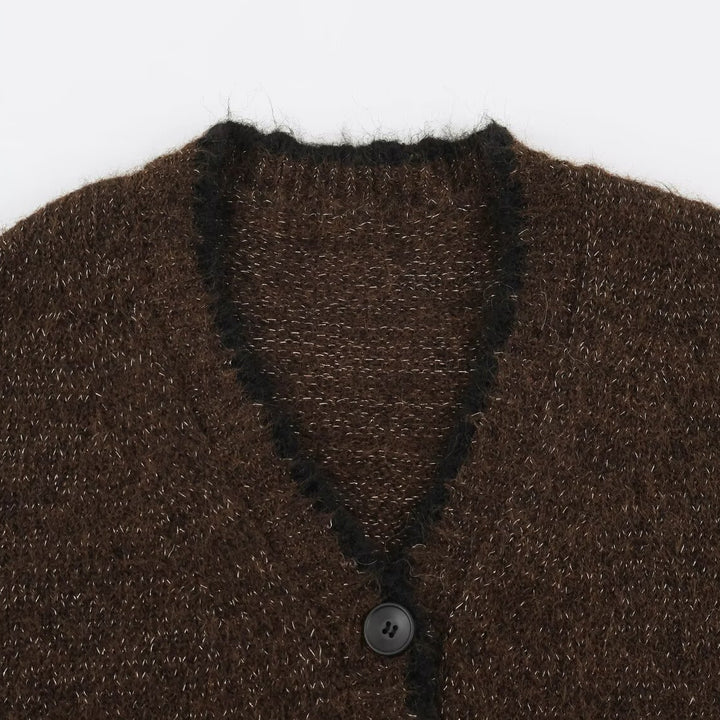 Women's Oversize Knit Cardigan with V-Neck, Button Placket and Contrasting Decorative Edges Mune Fashion