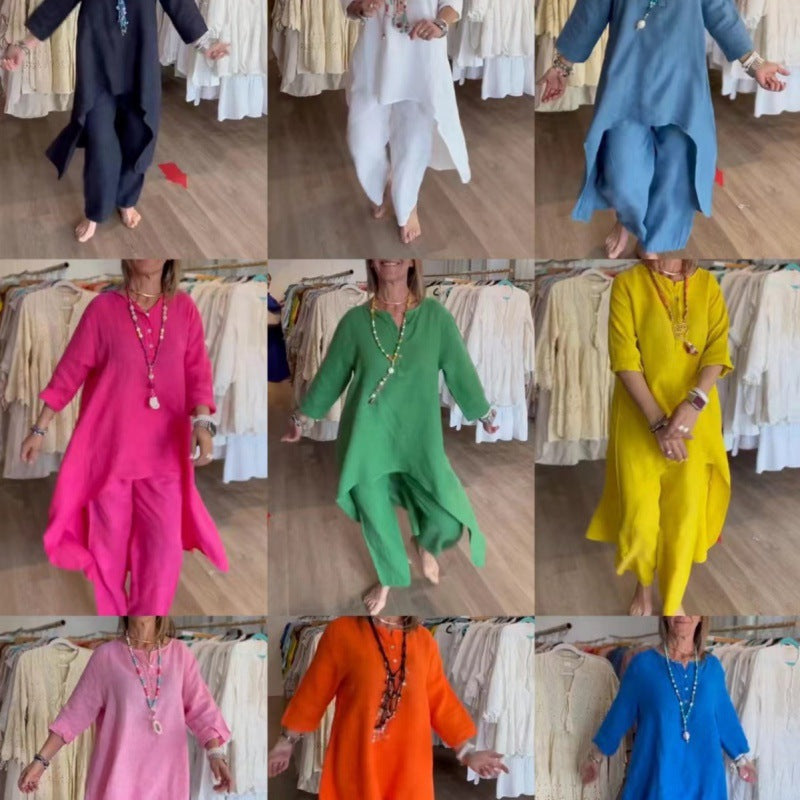 Women's Midi-Length Linen Tunic Set with Asymmetric Hem and Wide Palazzo Pants Mune Fashion
