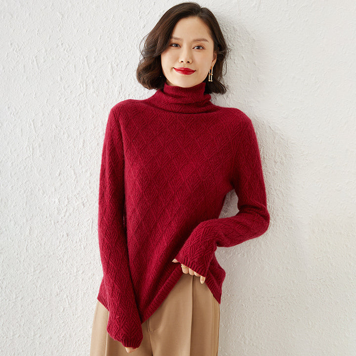 Ladies Luxurious Mohair-Mix Turtleneck Sweater with Diamond Pattern Mune Fashion Openwork Structure Mune Fashion