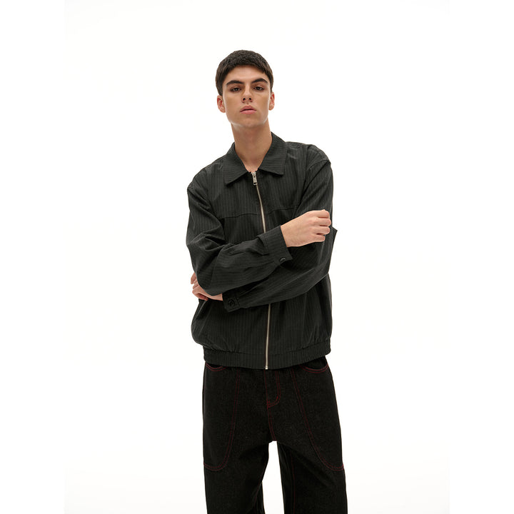 Unisex Short Cut Pinstripe Blouson Jacket with Contrasting Shirt Collar and Full Zipper Mune Fashion
