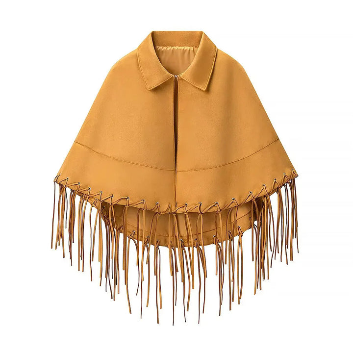 Women's Velvet Look Cape with Shirt Collar, Decorative Stitch and Long Fringe Mune Fashion