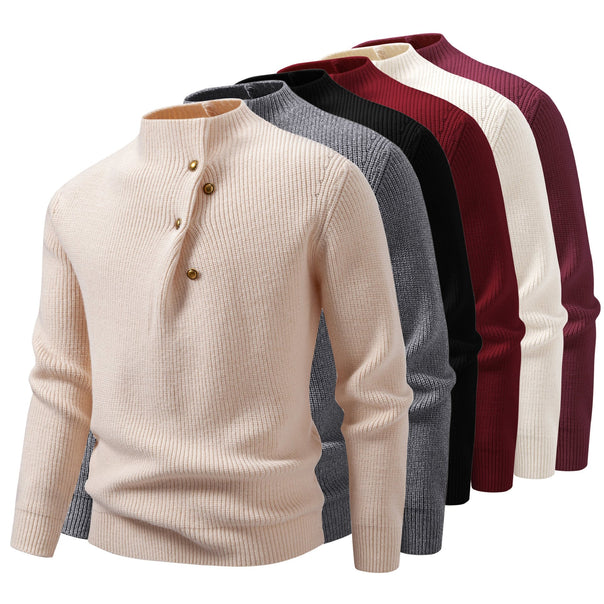 Men's fine knit sweater with asymmetric button placket and stand-up collar Mune Fashion