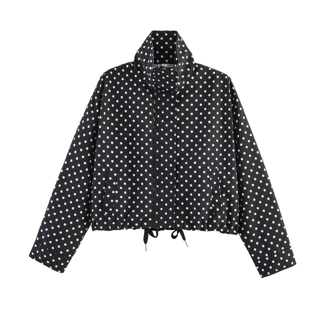 Women Short Polka Dot Transitional Jacket with Stand-up Collar and Drawstring Hem Mune Fashion