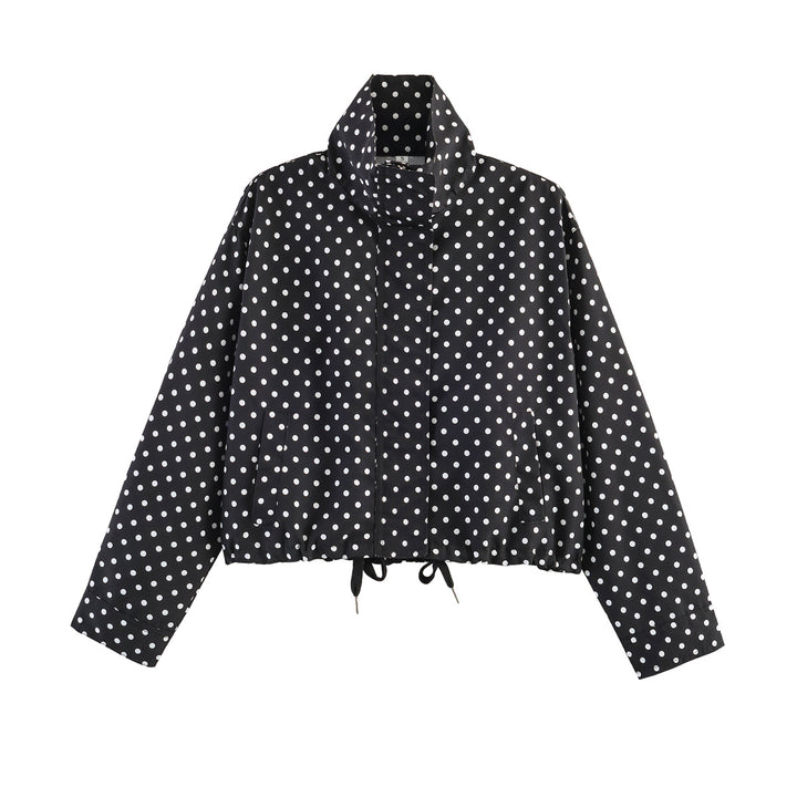 Women Short Polka Dot Transitional Jacket with Stand-up Collar and Drawstring Hem Mune Fashion