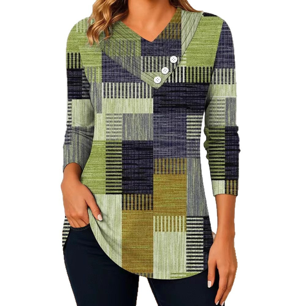 Women's long sleeve tunic with asymmetric V-neck, decorative button placket, and checkered patchwork pattern Mune Fashion