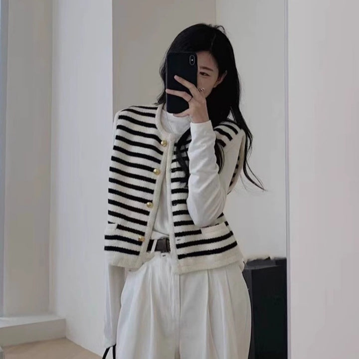 Women Short-Cut Striped Knit Vest with Gold-Colored Buttons and Patch Pockets Mune Fashion