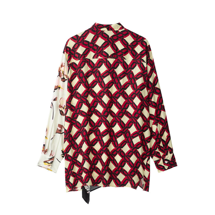 Women Oversize Silk Look Blouse with Asymmetrical Hem and Patchwork Print Drune