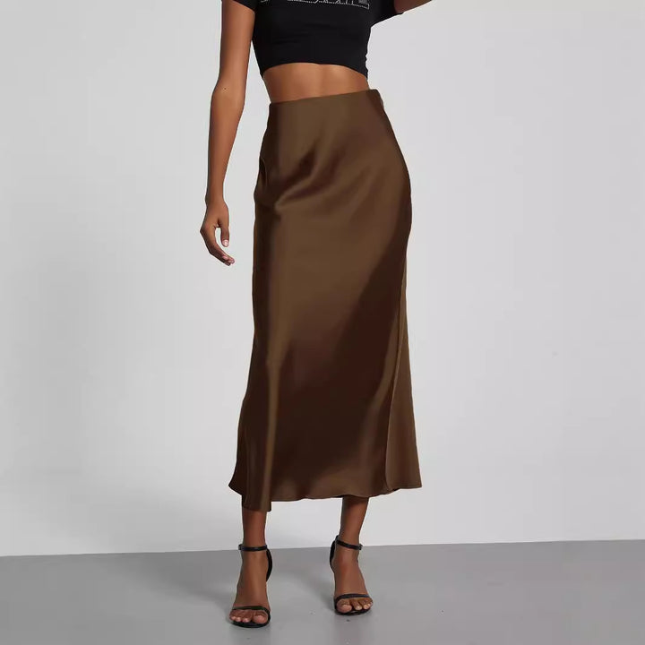 Ladies Satin Midi Skirt with High Waist and Asymmetrical Cut Mune Fashion