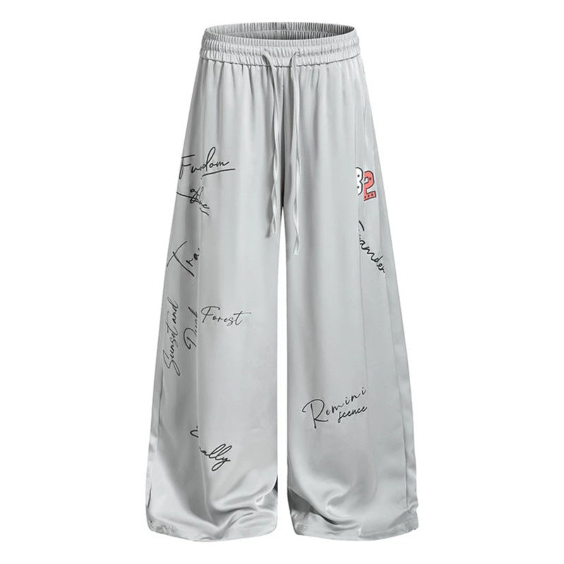 Women's Wide Satin Palazzo Lounge Pants with Elastic Waistband, Drawstring, and Script Print Mune Fashion