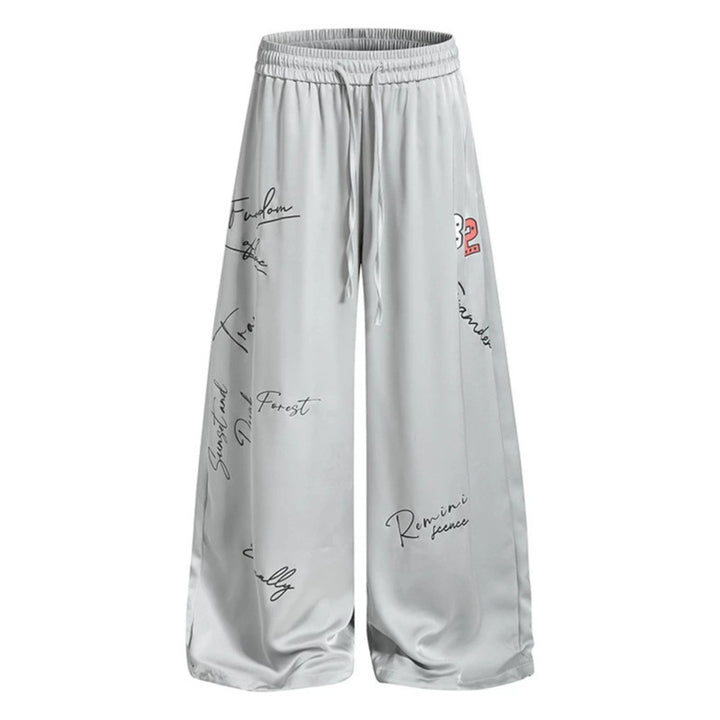 Women's Wide Satin Palazzo Lounge Pants with Elastic Waistband, Drawstring, and Script Print Mune Fashion