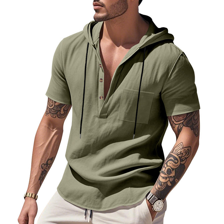 Men's lightweight short-sleeve hooded Henley made of single jersey with chest pocket and contrast drawstring Mune Fashion