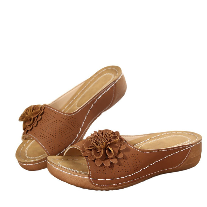 Women's Perforated Wedge Sandals as Slip-On with Flower Application and Padded Footbed Mune Fashion