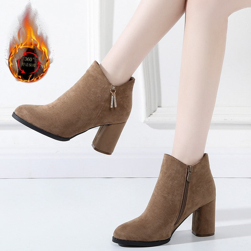 Women's warming velvet ankle boots with high block heel and side zipper Mune Fashion