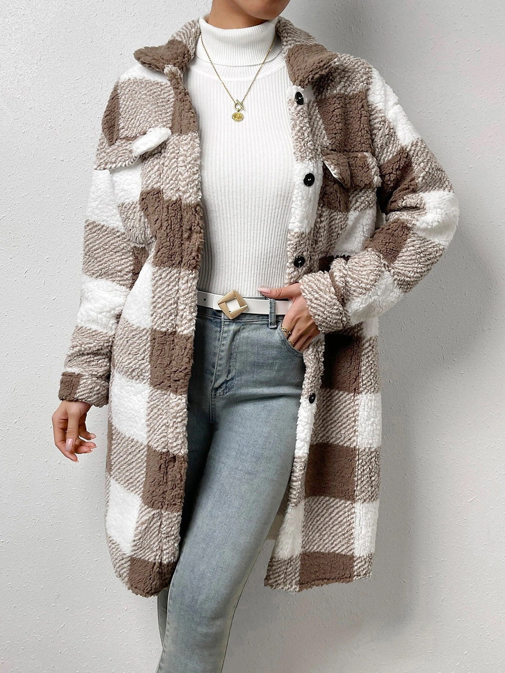 Women's longer teddy check coat with shirt collar, patch chest pockets and button placket Mune Fashion