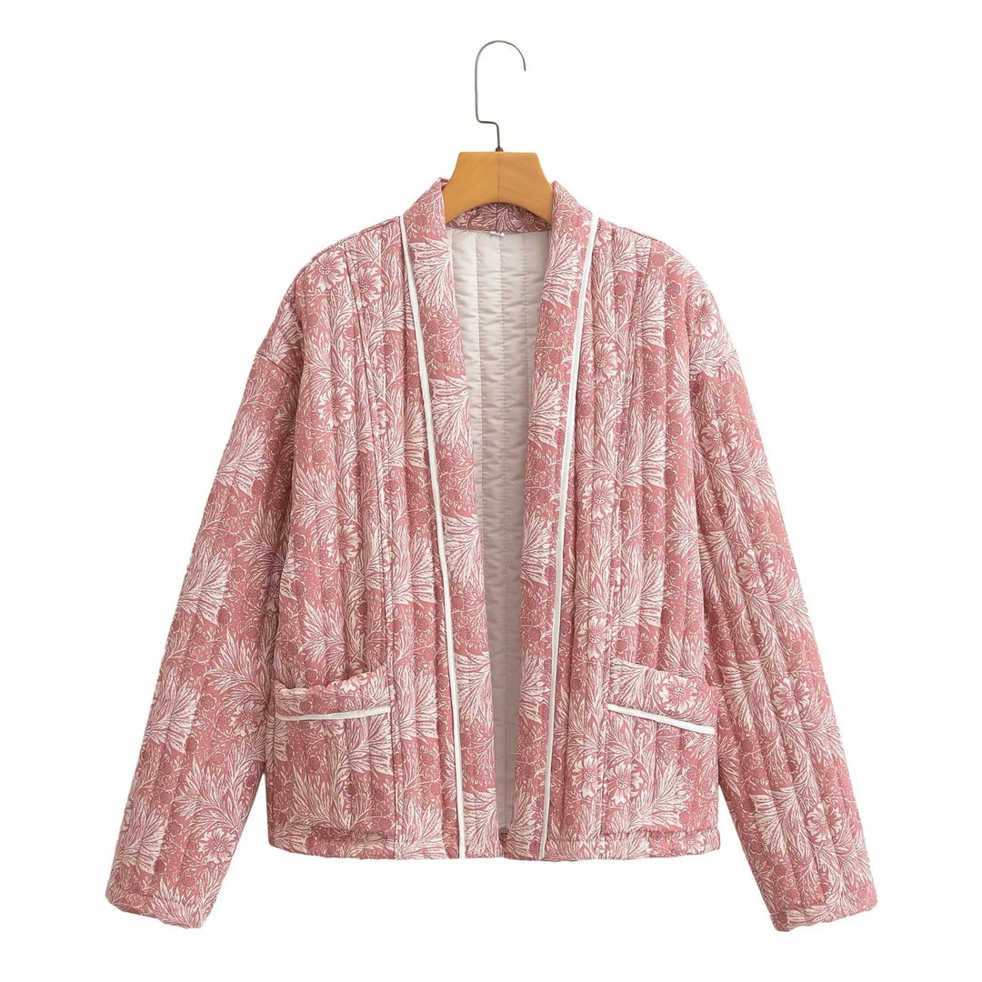 Women Light Quilted Jacket in Kimono Style with Floral Block Print and Contrast Piping Mune Fashion