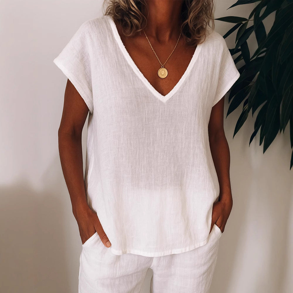 Women's Lightweight V-Neck Top Made of Linen Mune Fashion