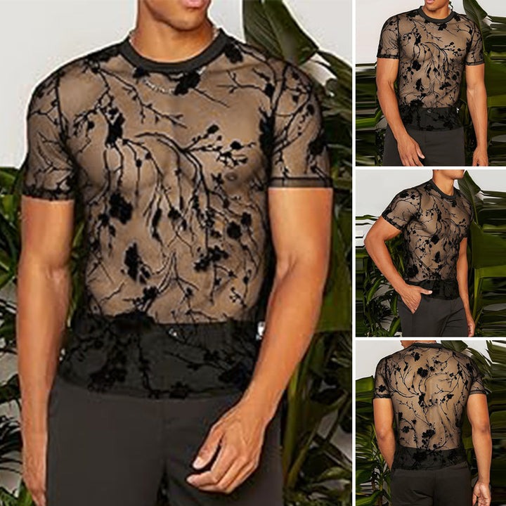 Women's nano transparent mesh top with floral velvet embroidery and round neckline Mune Fashion