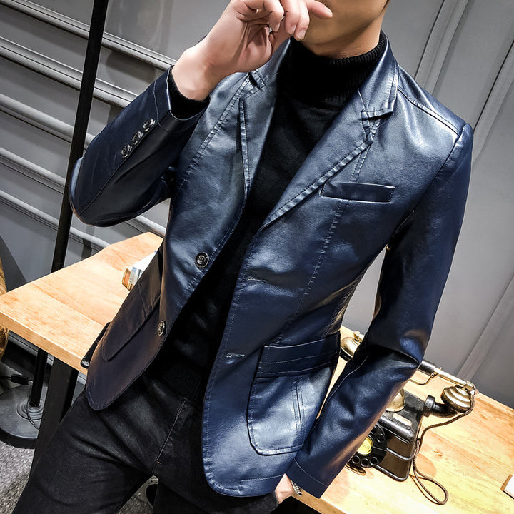 Men's Casual Slim-Fit Faux Leather Blazer with Notched Lapel and Patch Pockets Mune Fashion