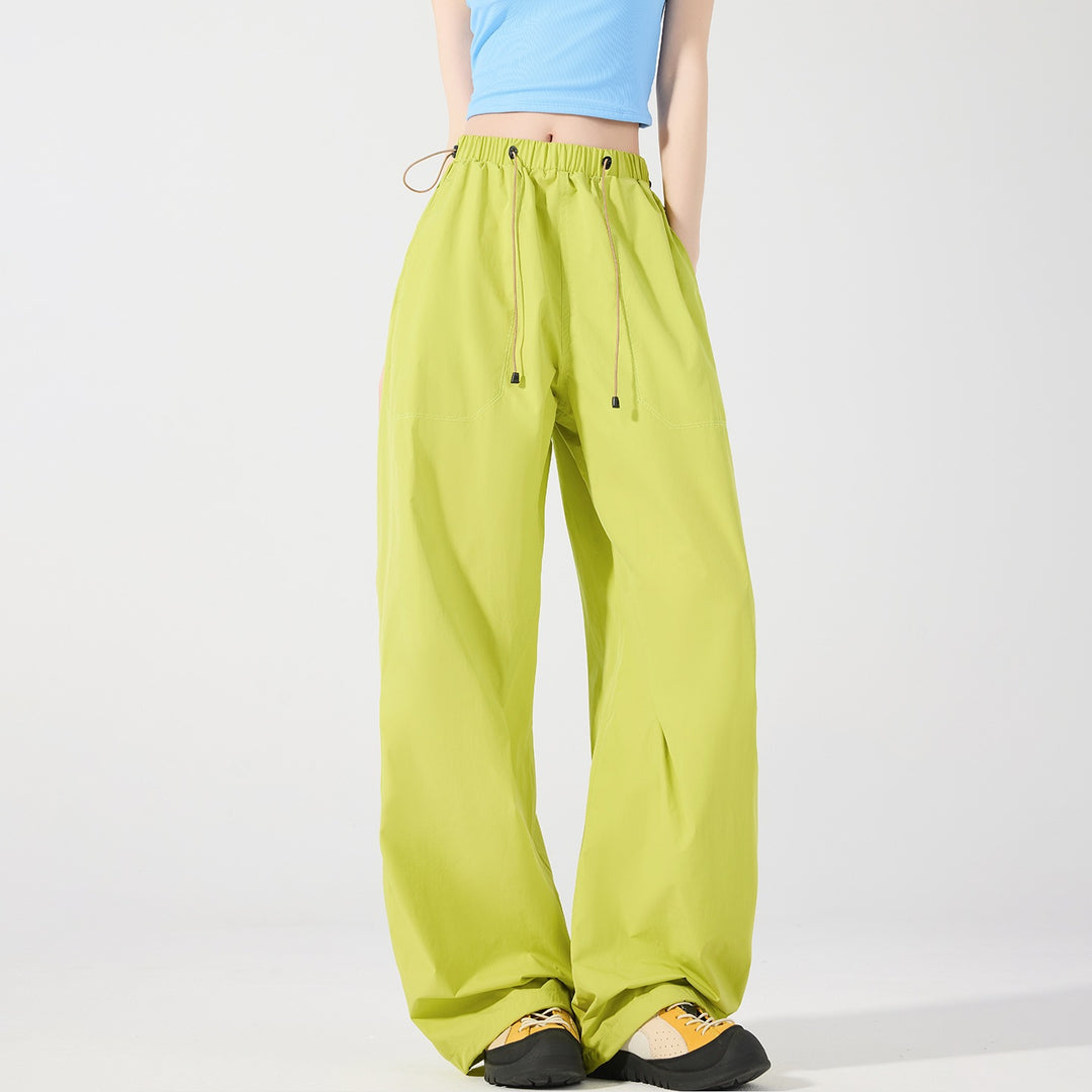 Women's Wide Nylon Baggy Pants with Elastic Drawstring Waistband & Utility Pockets Mune Fashion