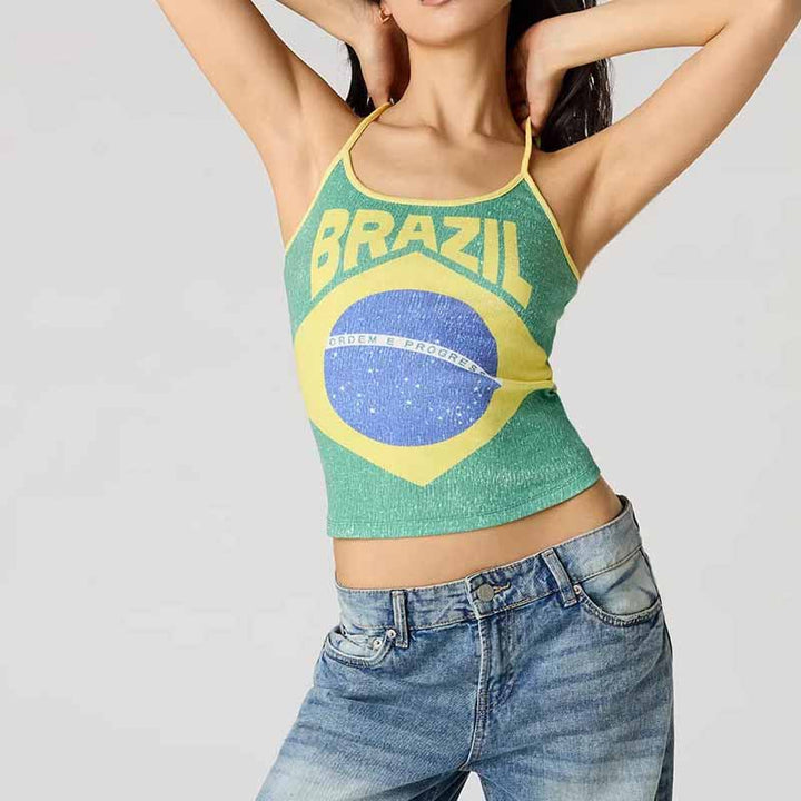 Women's figure-hugging spaghetti strap crop top with vintage Jamaica print Mune Fashion