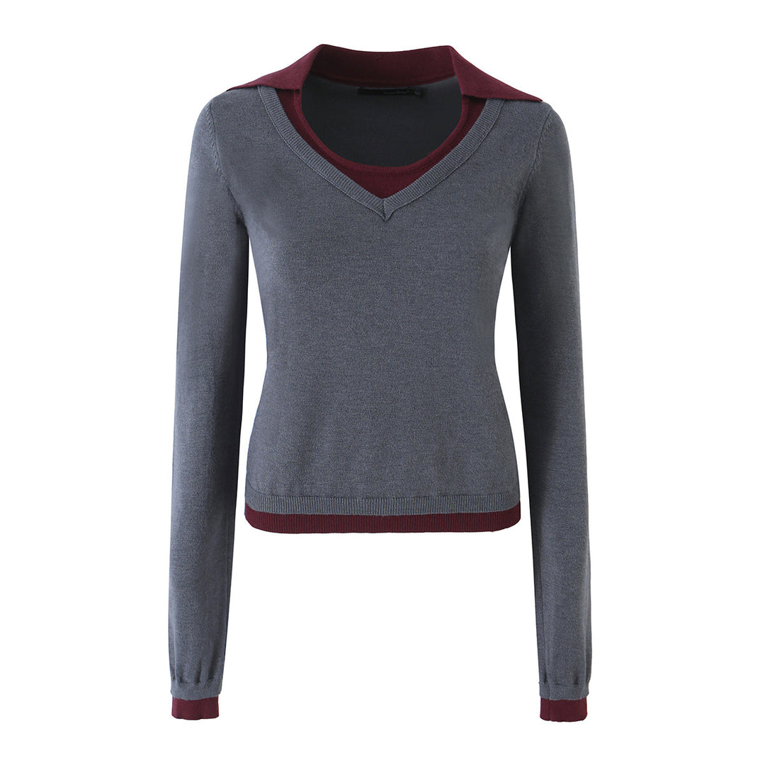 Women’s Two-Piece Fine Knit Set with V-Neck, Contrasting Collar and Pleated Mini Skirt Mune Fashion