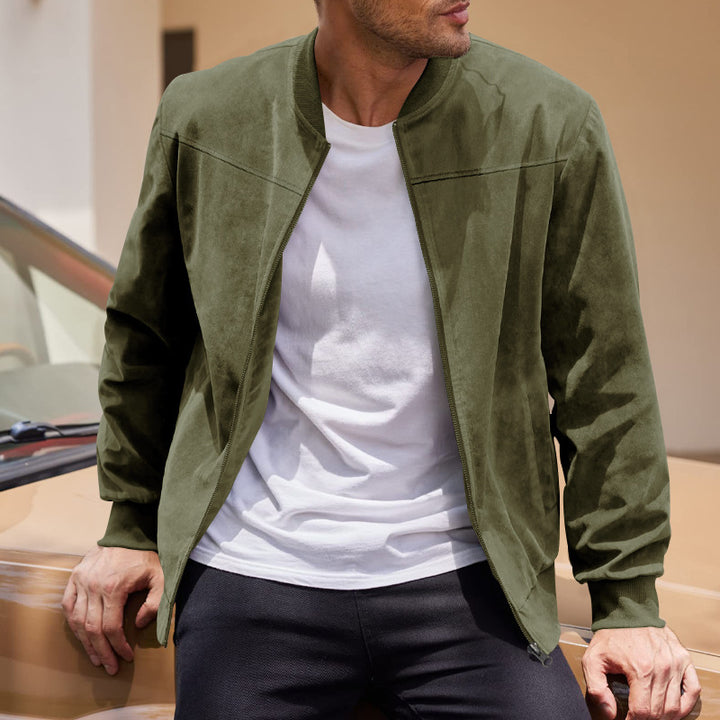 Men's faux suede bomber jacket with stand-up collar, ribbed cuffs, and concealed zipper Mune Fashion