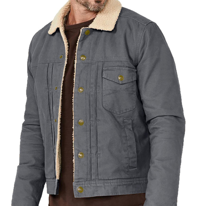 Men's Canvas Trucker Jacket with Teddy Lining and Cord Collar Mune Fashion