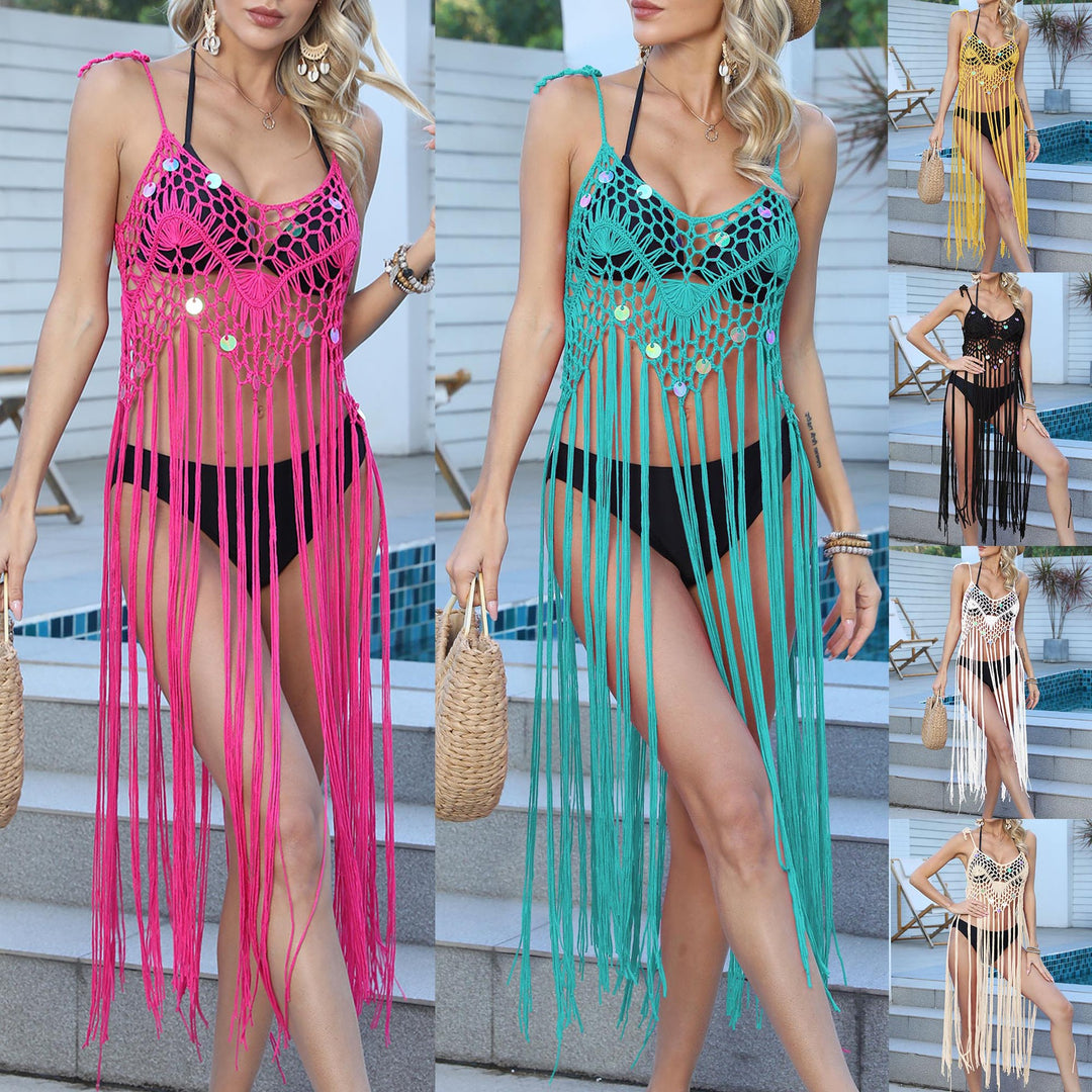 Women airy crochet beach cover-up with fringed accents Mune Fashion