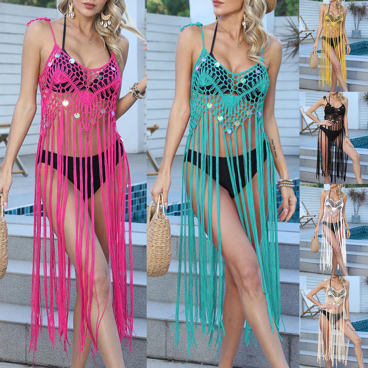 Women airy crochet beach cover-up with fringed accents Mune Fashion
