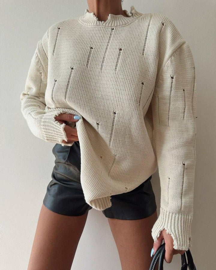 Women Oversized Chunky Knit Sweater with Distressed Details and Ribbed Hem Mune Fashion