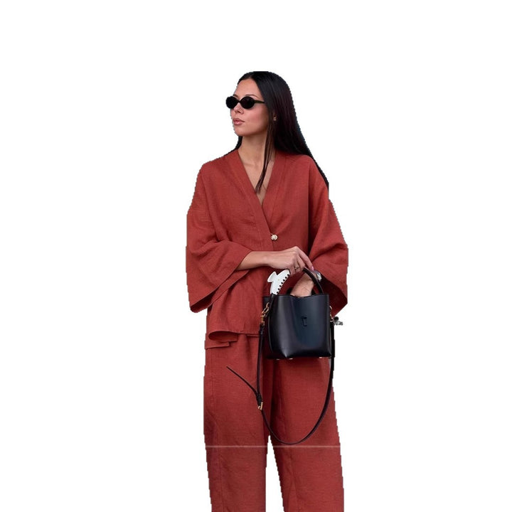 Women Casual Linen Look Two Piece with Kimono Blazer and Wide Palazzo Pants Mune Fashion