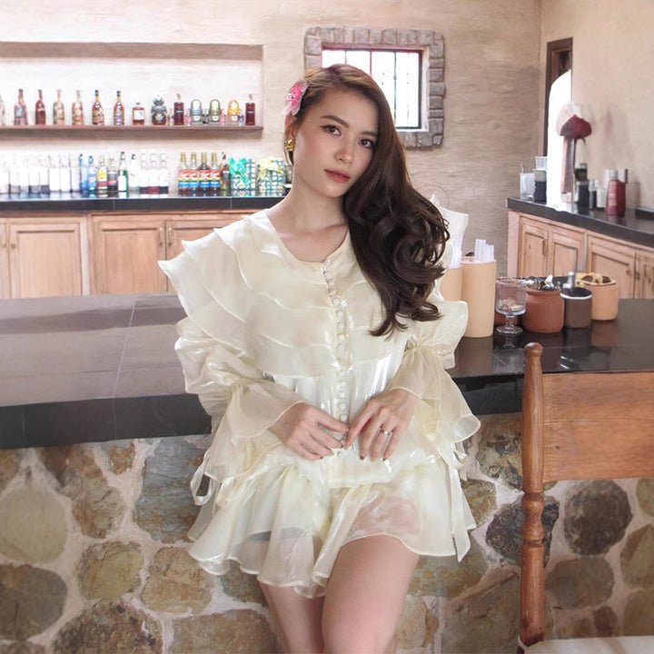Women's Ruffled Chiffon Mini Dress with Ruffles, Sheer Layer and Button Placket Mune Fashion