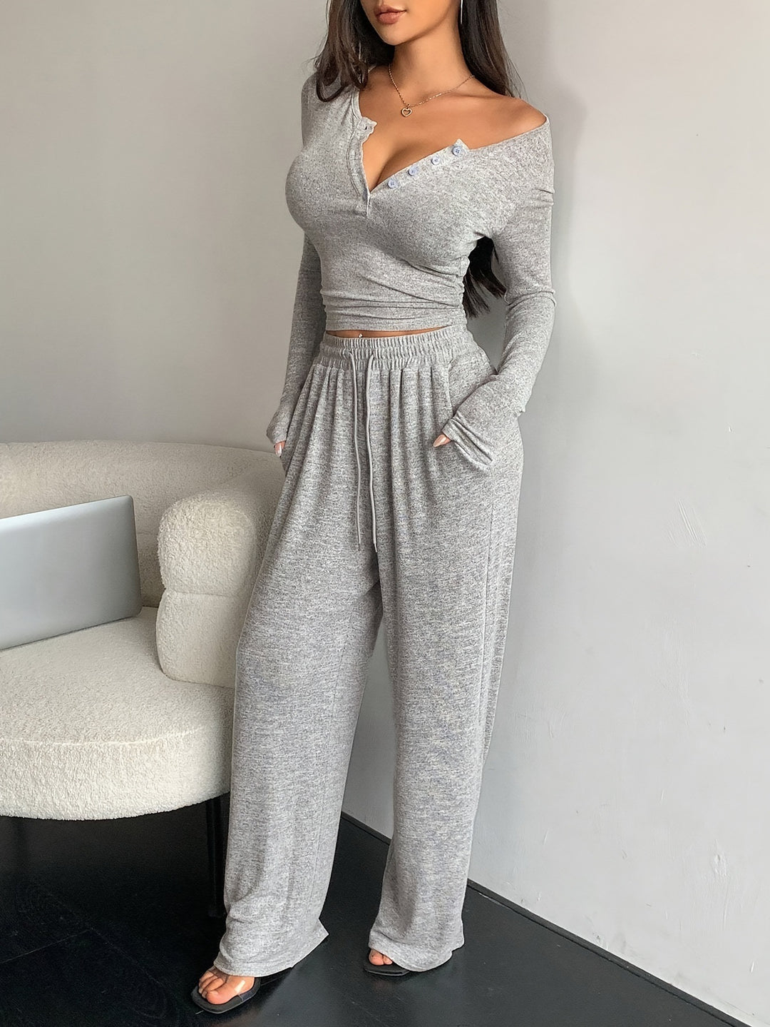 Women Casual Ribbed Knit Lounge Set with Off-Shoulder Henley Top and Wide Jog Pants Mune Fashion