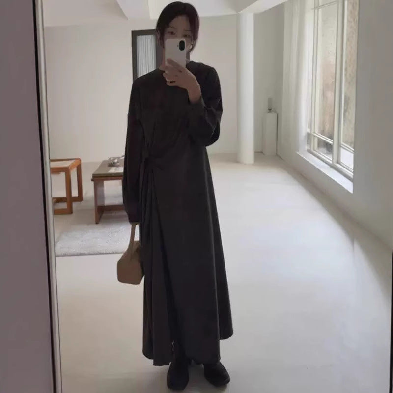 Women Long Jersey Maxi Dress with Side Knot Draping and Wide Hem Mune Fashion