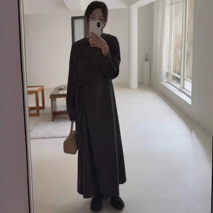 Women Long Jersey Maxi Dress with Side Knot Draping and Wide Hem Mune Fashion