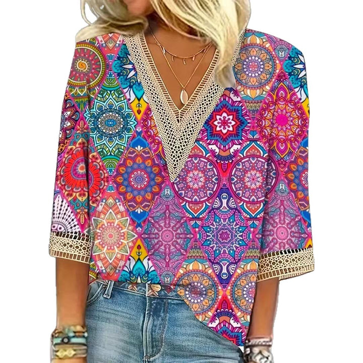 Women's nano locker falling Mandala patchwork tunic with deep V-neckline and crochet lace trim Mune Fashion