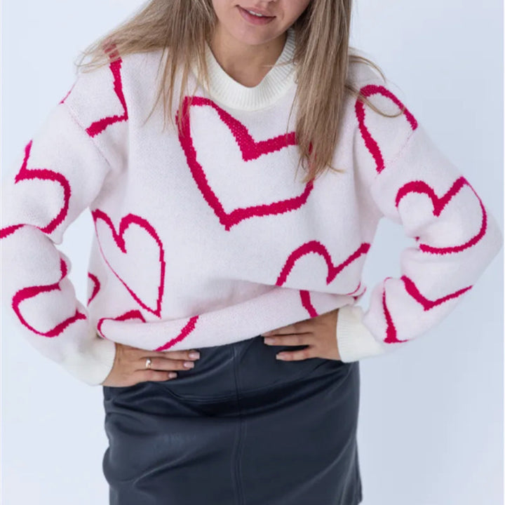 Women's Cozy Jacquard Sweater with Heart Motif and Loose Oversized Fit Mune Fashion