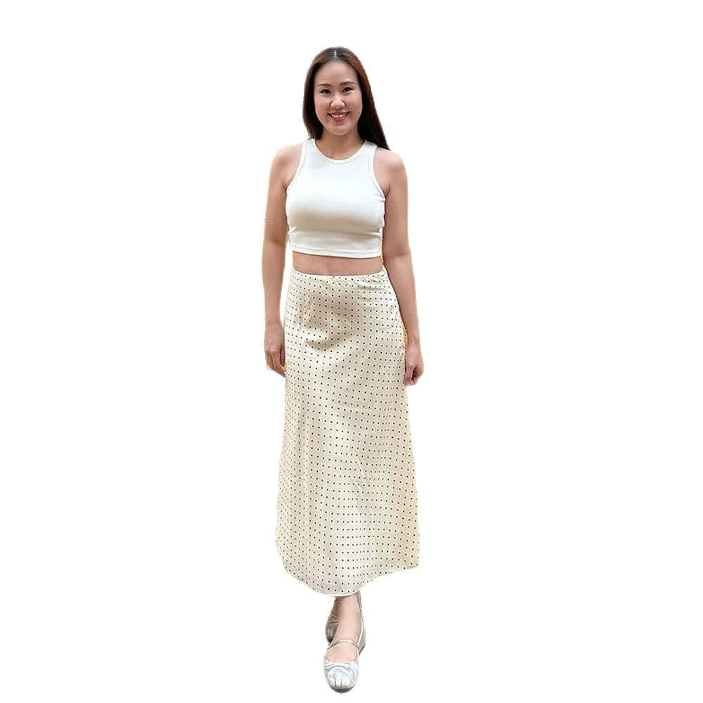 Women's satin midi skirt with polka dot print, tailored fit & flowing bias silhouette Mune Fashion