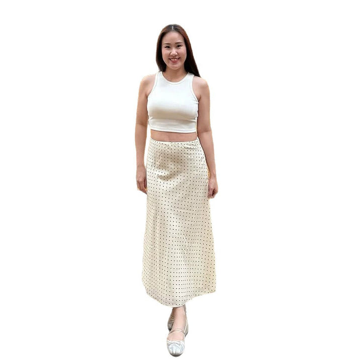 Women's satin midi skirt with polka dot print, tailored fit & flowing bias silhouette Mune Fashion