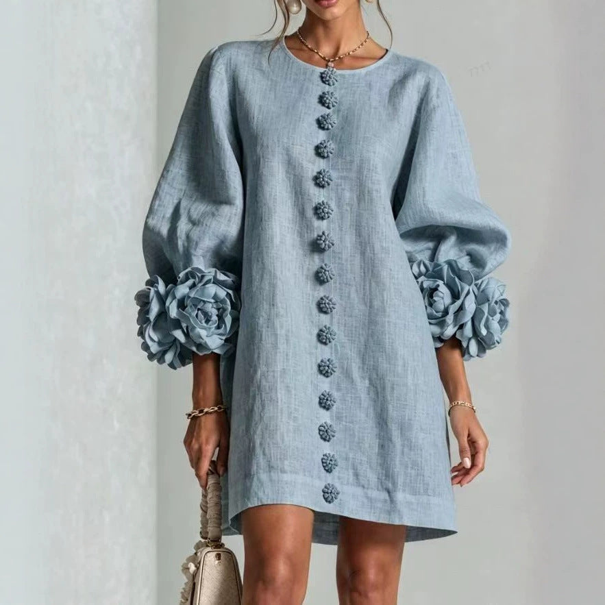 Ladies linen dress in A-line cut with balloon sleeves and 3D flower decoration Mune Fashion