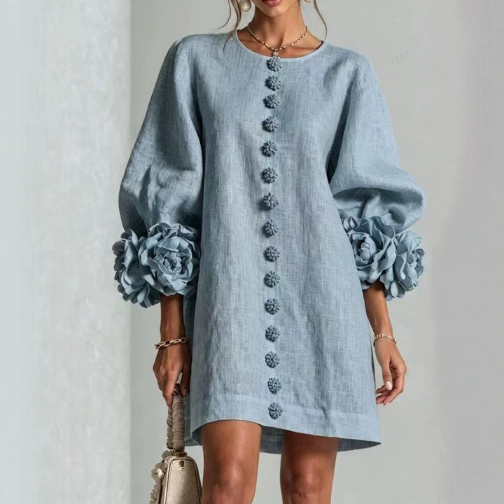 Ladies linen dress in A-line cut with balloon sleeves and 3D flower decoration Mune Fashion
