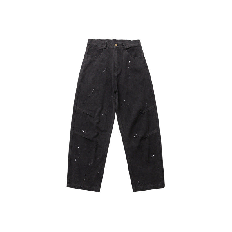 Men's Wide Relaxed-Fit Denim Pants with Paint Splatter, Knee Patches, and High Waist Mune Fashion