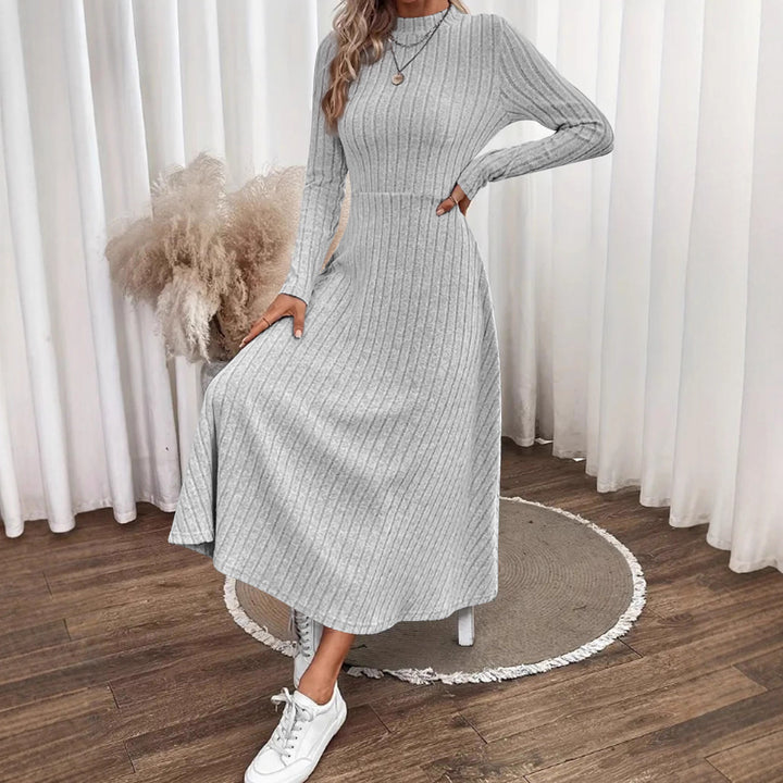 Women's Ribbed Knit Midi Dress with High Mock Neck and Tailored A-Line Shape