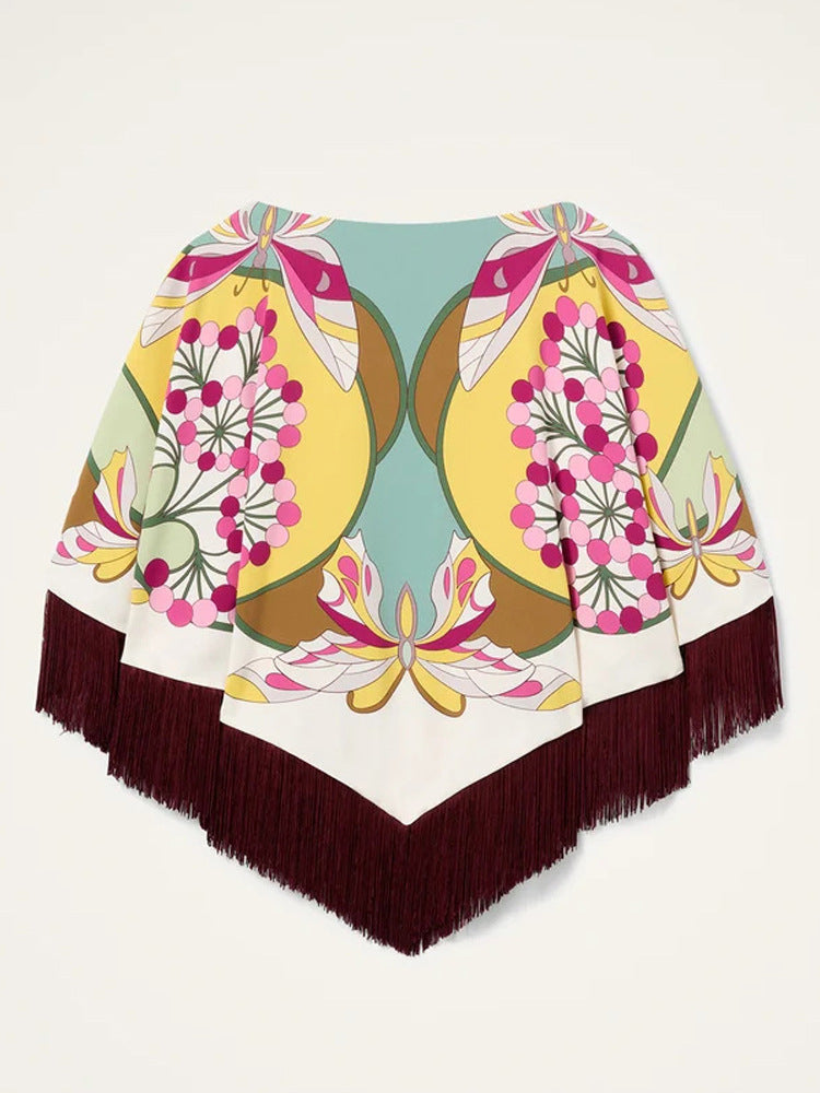 Ladies Silk Print Poncho with Retro Floral Pattern and Long Fringes Mune Fashion