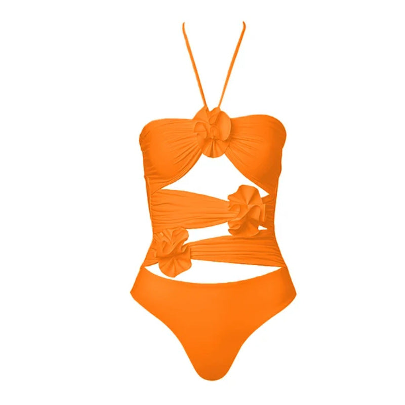Women's One-Piece Swimsuit with Floral Cut-Out and Ruffles Mune Fashion