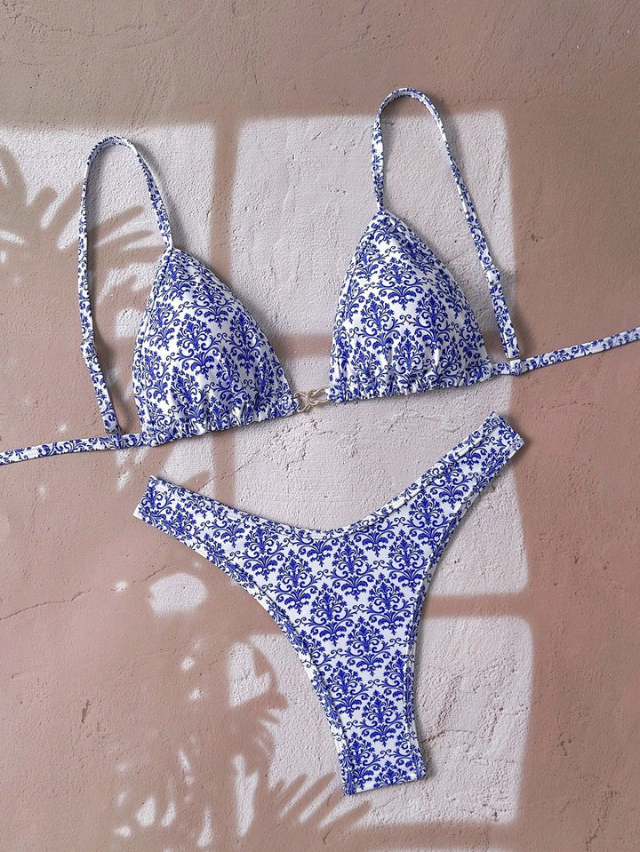 Ladies adjustable triangle bikini with floral trim Mune Fashion