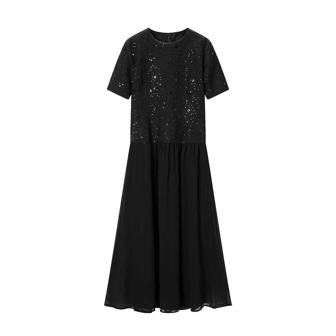 Women's evening dress with sequin top, short sleeves and flowing chiffon skirt Mune Fashion