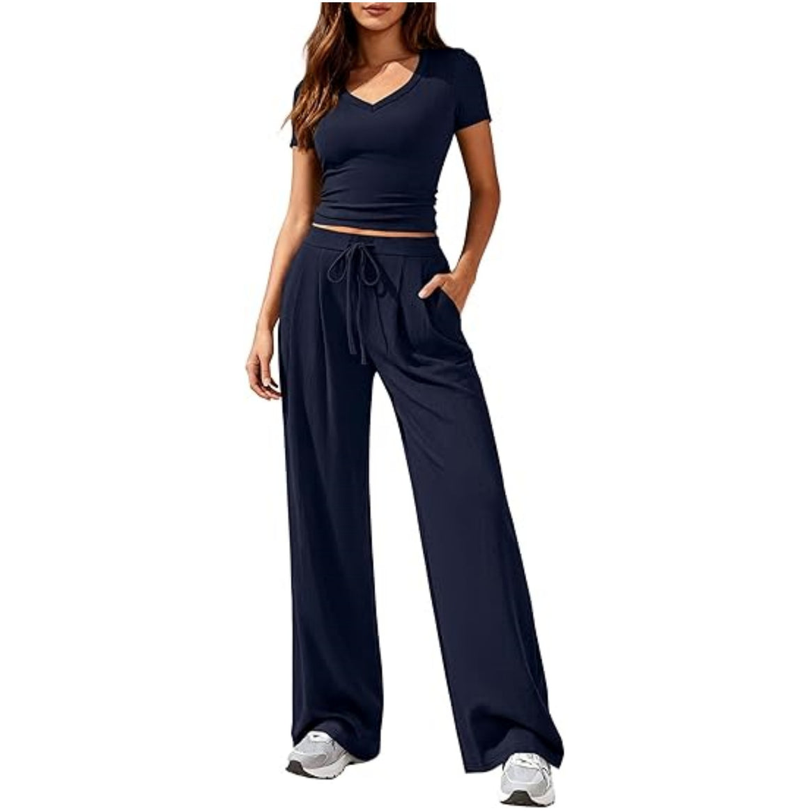 Ladies Casual Lounge Set with Tailored V-Neck Cropped Top and Loose Drawstring Pants Mune Fashion