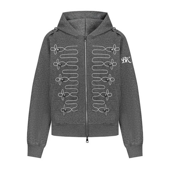 Women's hooded sweatshirt jacket with decorative frogging embroidery and pearl buttons Mune Fashion