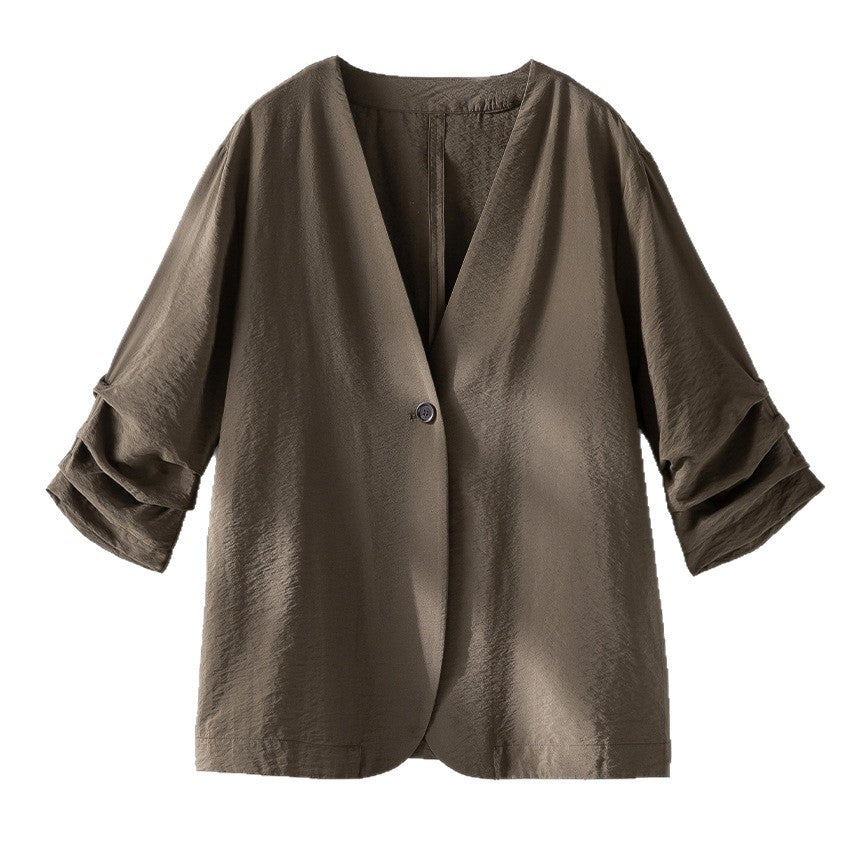 Women's Light Oversize Blazer with V-Neck, Single-Button Closure and Gathered Three-Quarter Sleeves Mune Fashion
